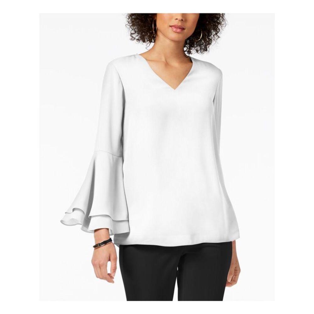 NWT ALFANI Womens White Bell Sleeve V Neck Top Size: 8